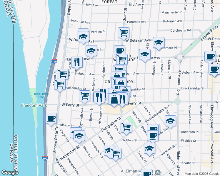 map of restaurants, bars, coffee shops, grocery stores, and more near 262 Breckenridge Street in Buffalo