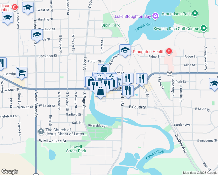 map of restaurants, bars, coffee shops, grocery stores, and more near 129 East Main Street in Stoughton