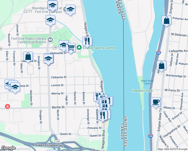 map of restaurants, bars, coffee shops, grocery stores, and more near 12 Catherine Street in Fort Erie