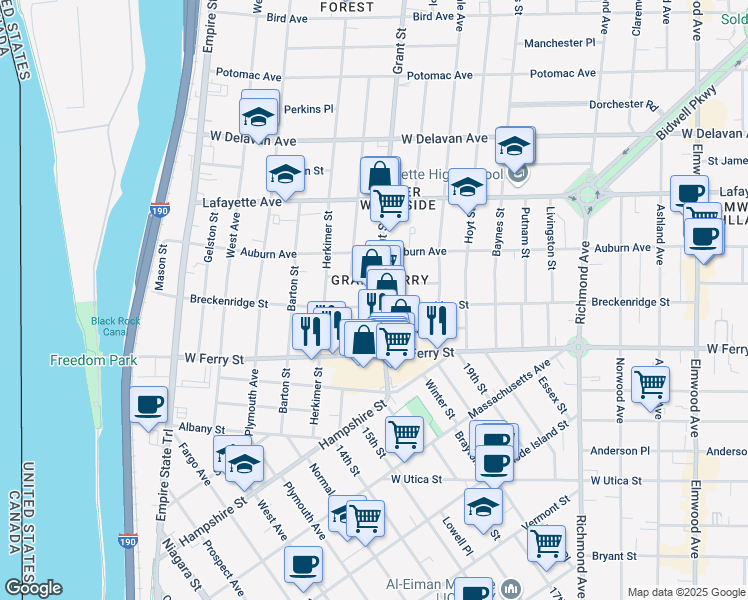 map of restaurants, bars, coffee shops, grocery stores, and more near 96 Grant Street in Buffalo