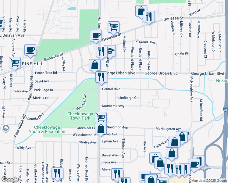 map of restaurants, bars, coffee shops, grocery stores, and more near 6 Lindbergh Court in Buffalo