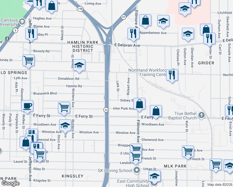 map of restaurants, bars, coffee shops, grocery stores, and more near 40 Sidney Street in Buffalo