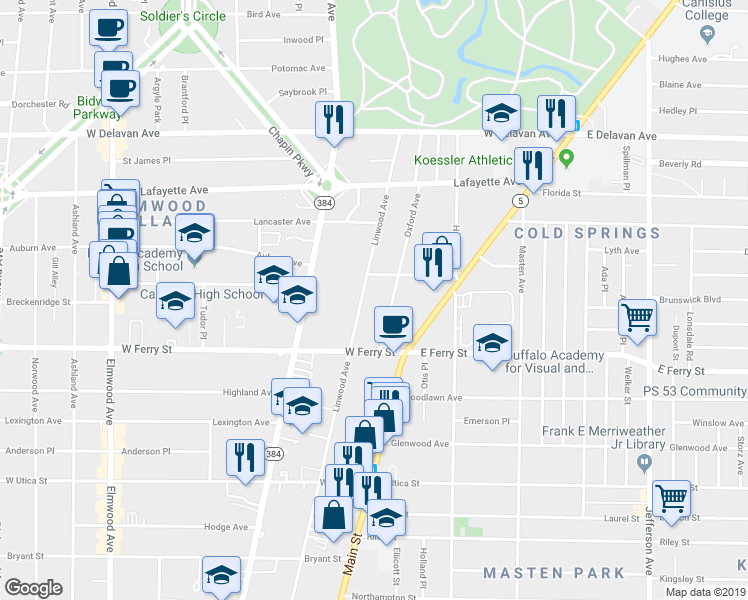 map of restaurants, bars, coffee shops, grocery stores, and more near 42 Oxford Avenue in Buffalo