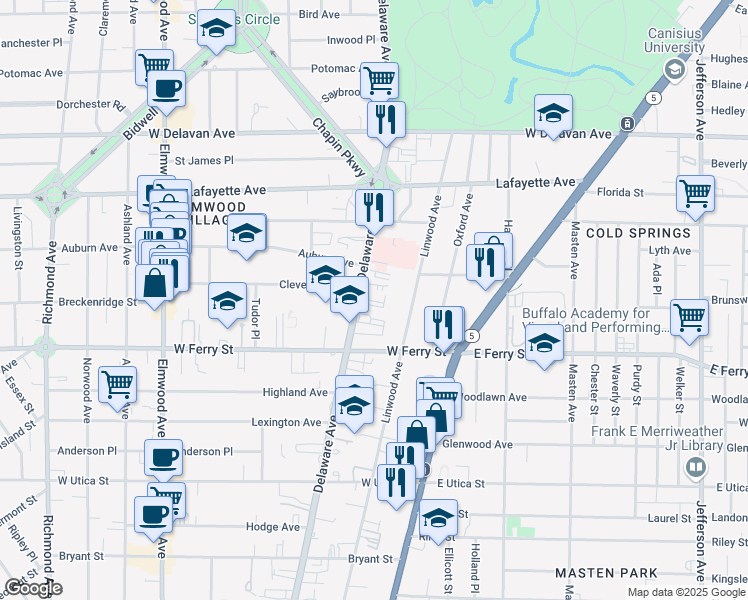 map of restaurants, bars, coffee shops, grocery stores, and more near 1193 Delaware Avenue in Buffalo
