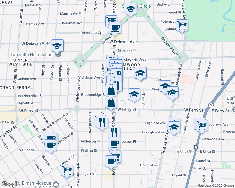 map of restaurants, bars, coffee shops, grocery stores, and more near 13 Brittany Lane in Buffalo