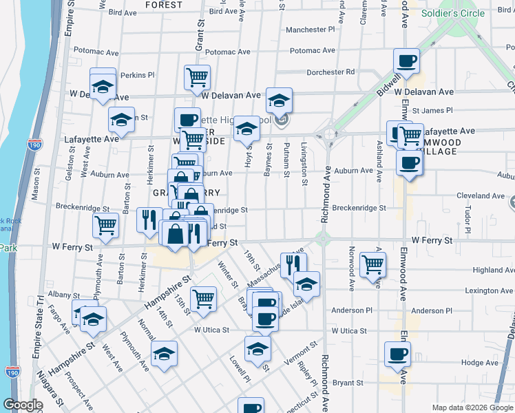 map of restaurants, bars, coffee shops, grocery stores, and more near 35 Hoyt Street in Buffalo