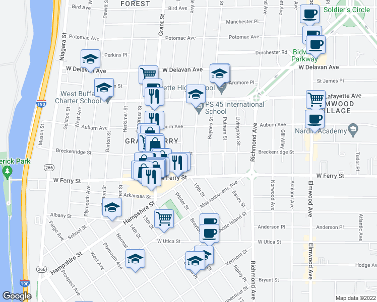 map of restaurants, bars, coffee shops, grocery stores, and more near 47 Parkdale Avenue in Buffalo