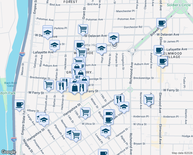 map of restaurants, bars, coffee shops, grocery stores, and more near 47 Parkdale Avenue in Buffalo