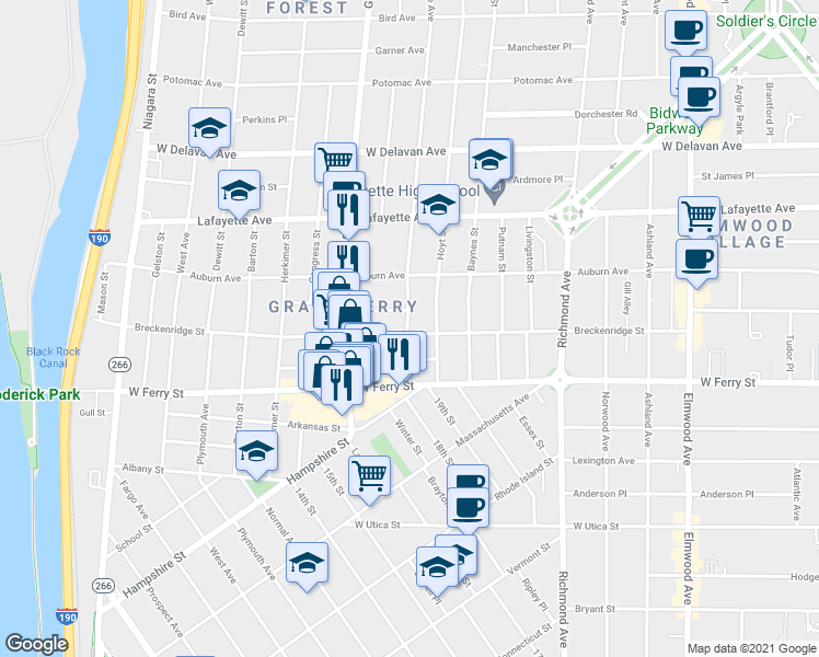 map of restaurants, bars, coffee shops, grocery stores, and more near 47 Parkdale Avenue in Buffalo