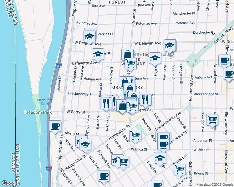 map of restaurants, bars, coffee shops, grocery stores, and more near in Buffalo