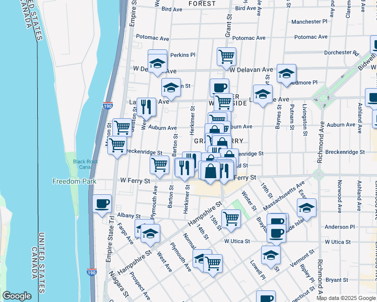 map of restaurants, bars, coffee shops, grocery stores, and more near in Buffalo