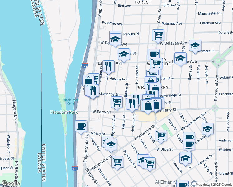 map of restaurants, bars, coffee shops, grocery stores, and more near 163 Breckenridge Street in Buffalo