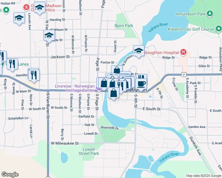 map of restaurants, bars, coffee shops, grocery stores, and more near 193 West Main Street in Stoughton