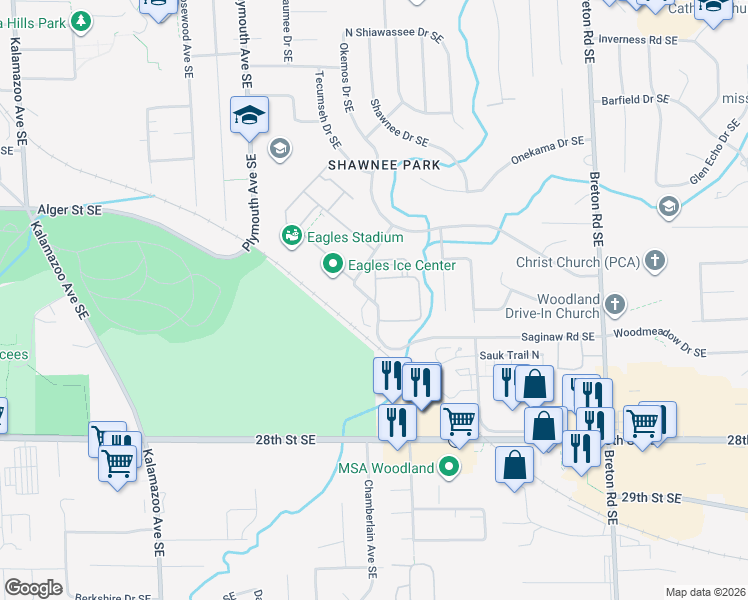 map of restaurants, bars, coffee shops, grocery stores, and more near 2453 Normandy Drive Southeast in Grand Rapids