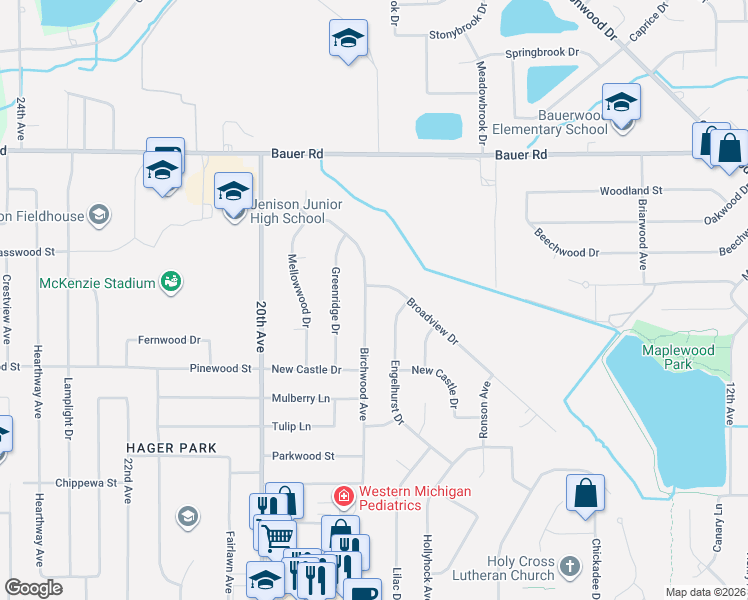 map of restaurants, bars, coffee shops, grocery stores, and more near 8116 Birchwood Avenue in Georgetown Township
