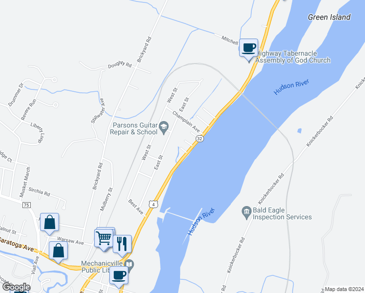 map of restaurants, bars, coffee shops, grocery stores, and more near 1 Maiden Lane in Mechanicville