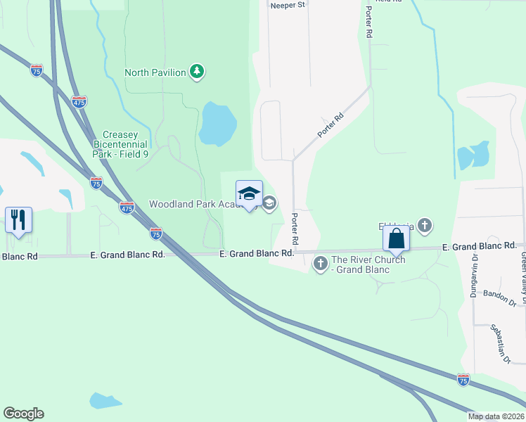 map of restaurants, bars, coffee shops, grocery stores, and more near 2083 East Grand Blanc Road in Grand Blanc
