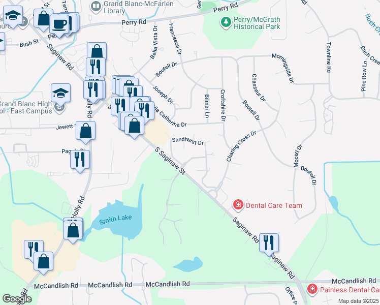 map of restaurants, bars, coffee shops, grocery stores, and more near 524 Parke Court in Grand Blanc