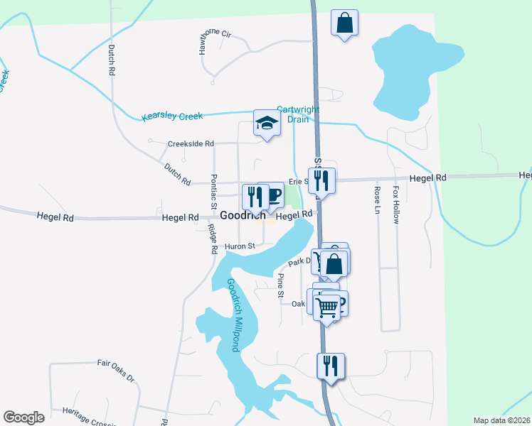 map of restaurants, bars, coffee shops, grocery stores, and more near 10242 Hegel Road in Goodrich