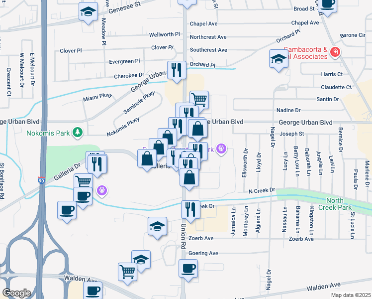 map of restaurants, bars, coffee shops, grocery stores, and more near 3786 Union Road in Cheektowaga