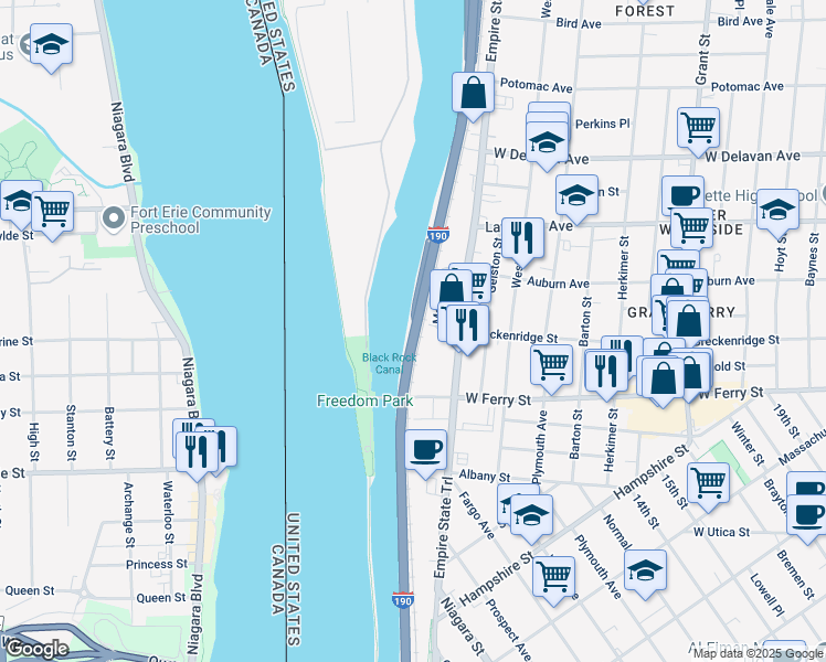 map of restaurants, bars, coffee shops, grocery stores, and more near Interstate 190 in Buffalo