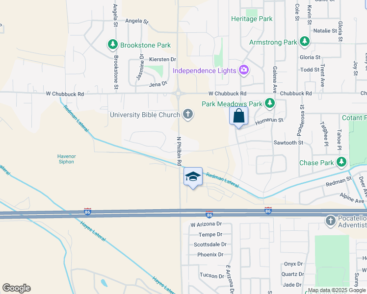map of restaurants, bars, coffee shops, grocery stores, and more near 10688-10756 North Philbin Road in Chubbuck