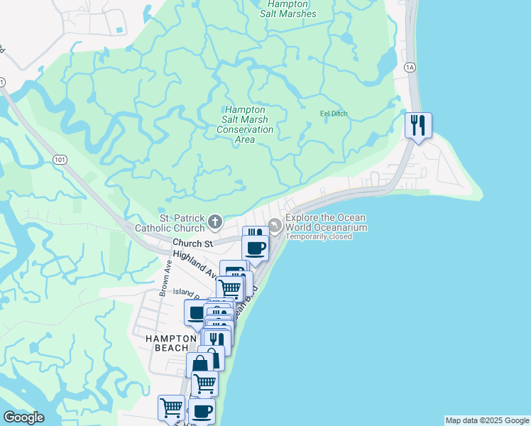 map of restaurants, bars, coffee shops, grocery stores, and more near 12 Fuller Acres in Hampton