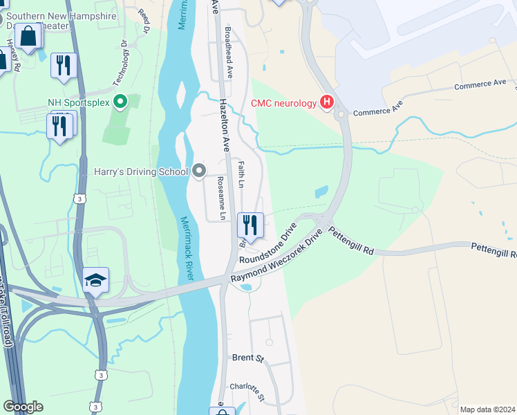 map of restaurants, bars, coffee shops, grocery stores, and more near 1 Pettengill Road in Manchester