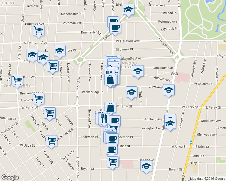 map of restaurants, bars, coffee shops, grocery stores, and more near 712 Elmwood Avenue in Buffalo