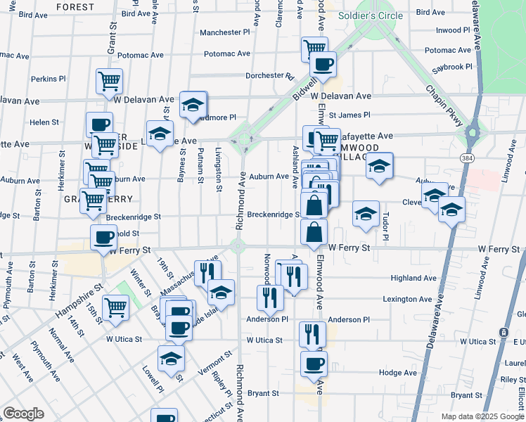 map of restaurants, bars, coffee shops, grocery stores, and more near 424 Norwood Avenue in Buffalo