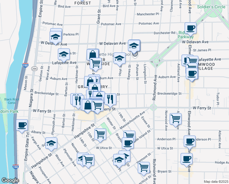 map of restaurants, bars, coffee shops, grocery stores, and more near 47 Parkdale Avenue in Buffalo