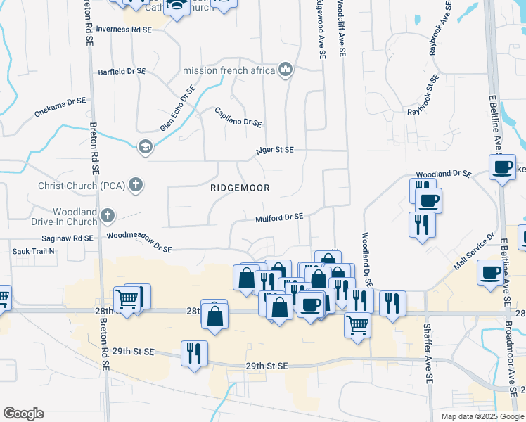 map of restaurants, bars, coffee shops, grocery stores, and more near 2768 Mulford Drive Southeast in Grand Rapids