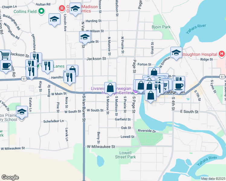map of restaurants, bars, coffee shops, grocery stores, and more near 309 South Madison Street in Stoughton