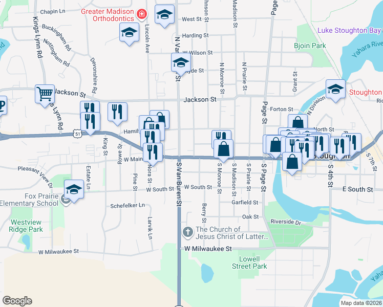map of restaurants, bars, coffee shops, grocery stores, and more near 801 West Main Street in Stoughton