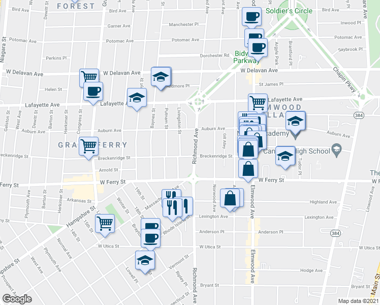 map of restaurants, bars, coffee shops, grocery stores, and more near 542 Richmond Avenue in Buffalo