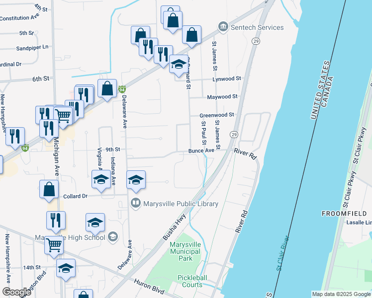 map of restaurants, bars, coffee shops, grocery stores, and more near 958 Saint Joseph Lane in Marysville