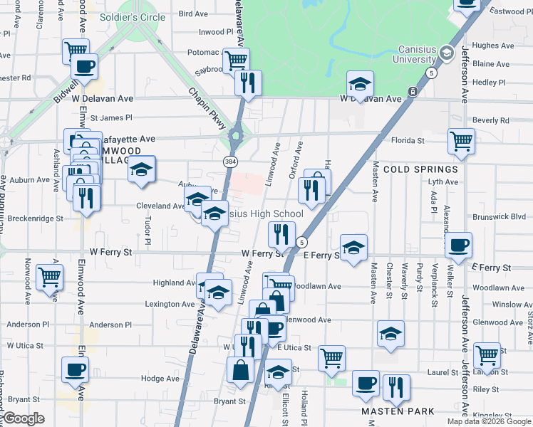 map of restaurants, bars, coffee shops, grocery stores, and more near 531 Linwood Avenue in Buffalo