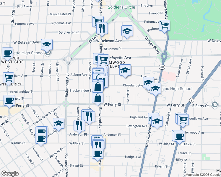 map of restaurants, bars, coffee shops, grocery stores, and more near 184 Cleveland Avenue in Buffalo