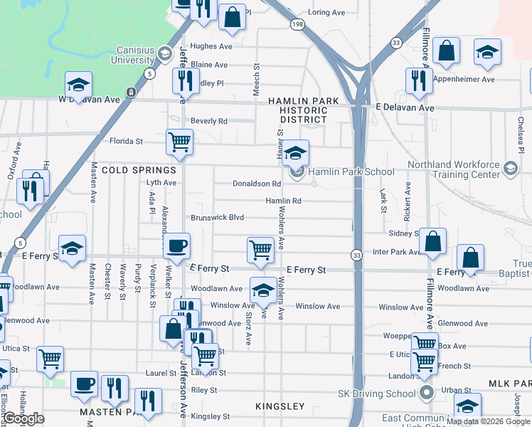 map of restaurants, bars, coffee shops, grocery stores, and more near 128 Brunswick Boulevard in Buffalo