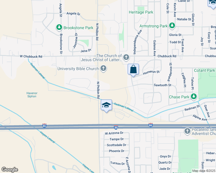 map of restaurants, bars, coffee shops, grocery stores, and more near 10629 North Philbin Road in Chubbuck
