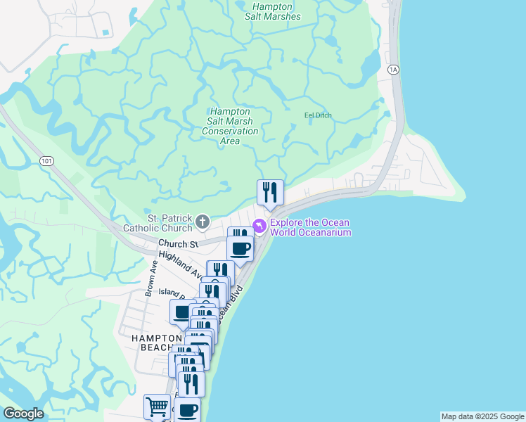 map of restaurants, bars, coffee shops, grocery stores, and more near 12 Fuller Acres in Hampton
