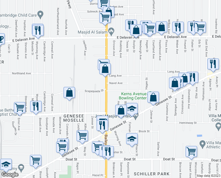 map of restaurants, bars, coffee shops, grocery stores, and more near 13 Kerns Avenue in Buffalo