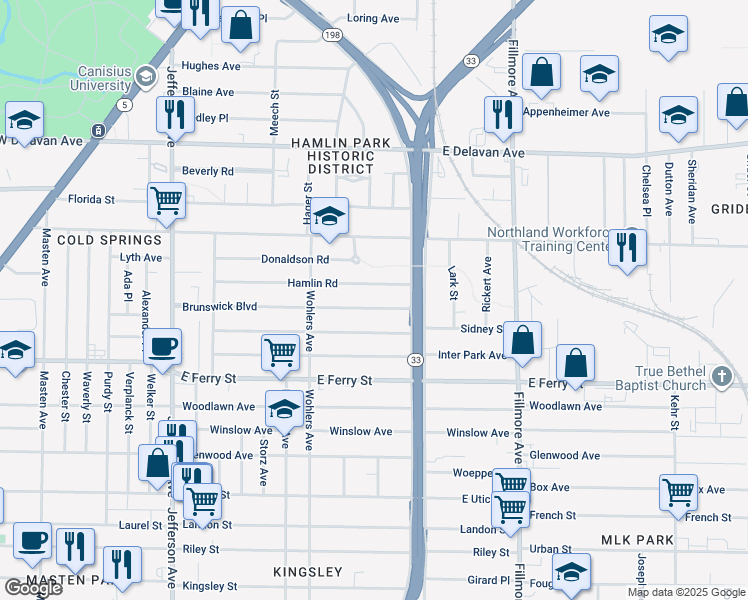 map of restaurants, bars, coffee shops, grocery stores, and more near 168 Butler Avenue in Buffalo