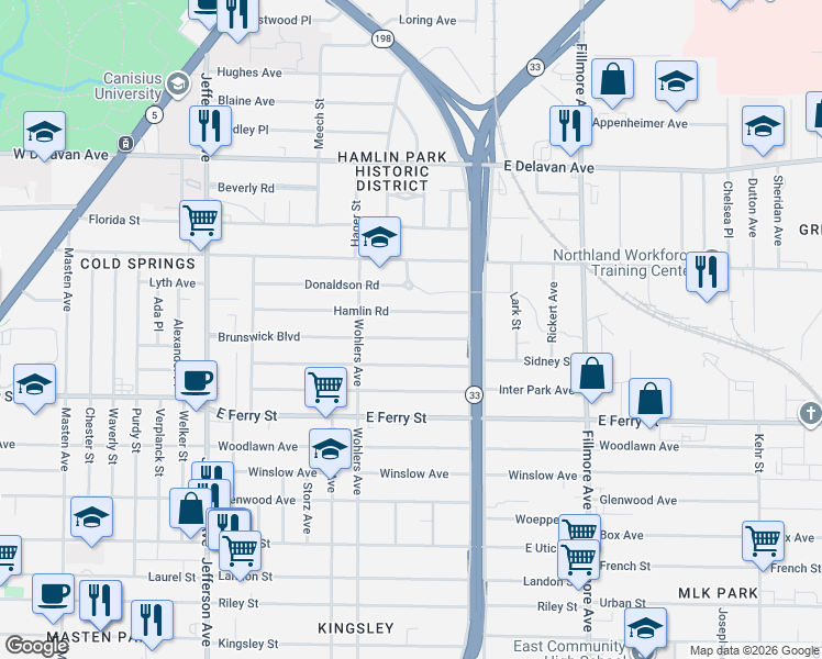 map of restaurants, bars, coffee shops, grocery stores, and more near 168 Butler Avenue in Buffalo