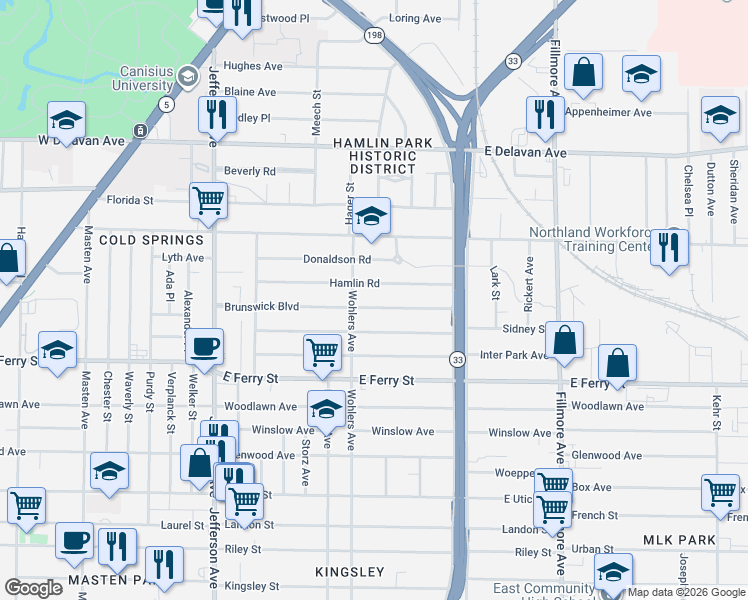 map of restaurants, bars, coffee shops, grocery stores, and more near in Buffalo