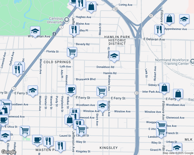 map of restaurants, bars, coffee shops, grocery stores, and more near 44 Butler Avenue in Buffalo