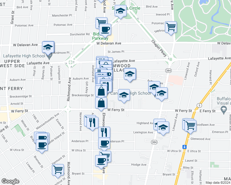 map of restaurants, bars, coffee shops, grocery stores, and more near 13 Brittany Lane in Buffalo
