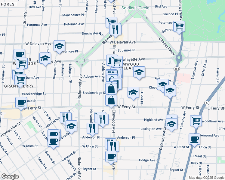 map of restaurants, bars, coffee shops, grocery stores, and more near 712 Elmwood Avenue in Buffalo