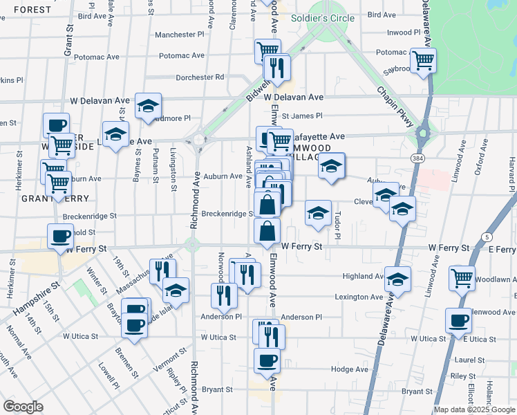 map of restaurants, bars, coffee shops, grocery stores, and more near 712 Elmwood Avenue in Buffalo