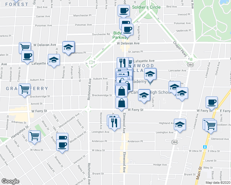 map of restaurants, bars, coffee shops, grocery stores, and more near 424 Ashland Avenue in Buffalo